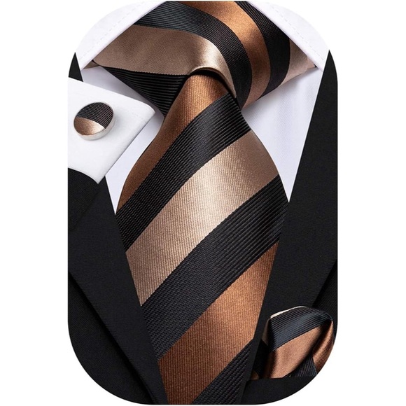 Hi-Tie Men’s Striped Necktie with Handkerchief and Cufflinks - Picture 1 of 9